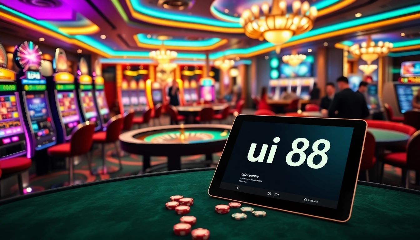 Players enjoying thrilling gambling activities at uu88 casino with vibrant slot machines and tables.