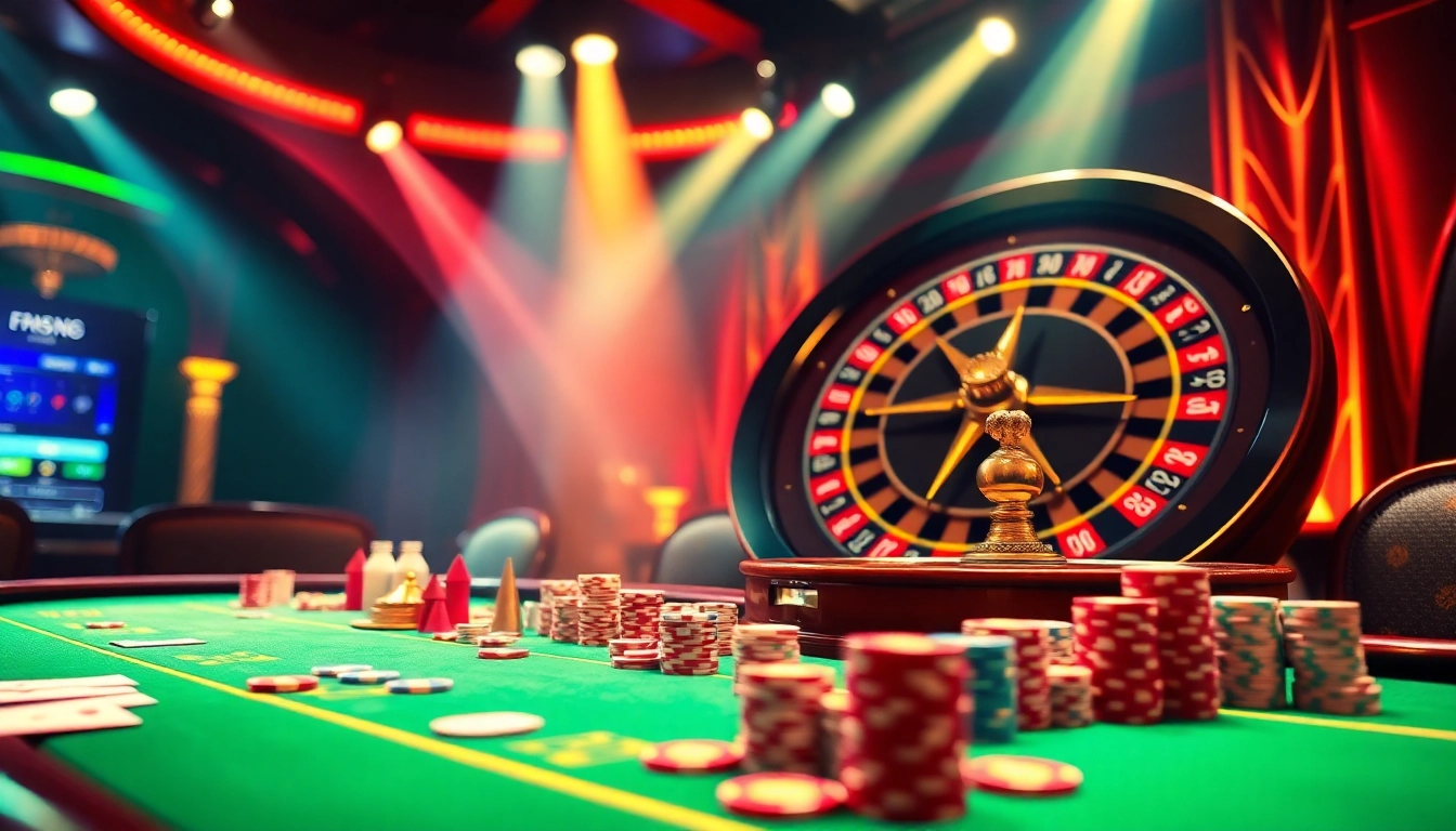 Soi cầu xsmb captivating scene showcasing a lively poker table and roulette wheel in a glamorous casino.