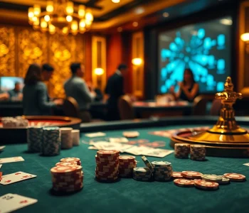 Engaging scene at Nhà cái S8 with players enjoying poker and roulette in a high-energy luxury casino.
