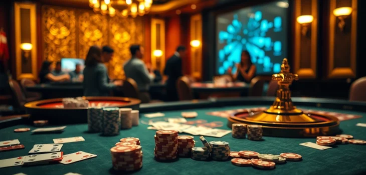 Engaging scene at Nhà cái S8 with players enjoying poker and roulette in a high-energy luxury casino.