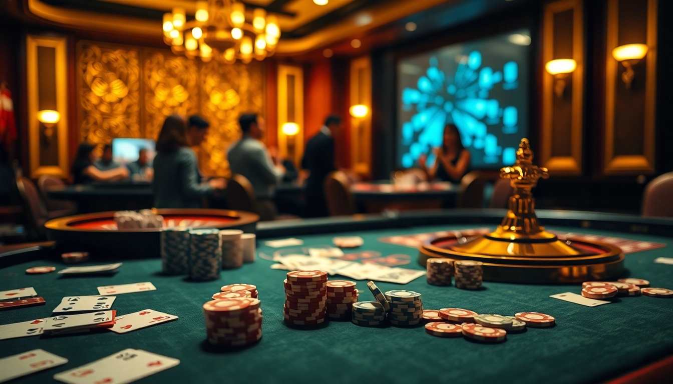 Engaging scene at Nhà cái S8 with players enjoying poker and roulette in a high-energy luxury casino.