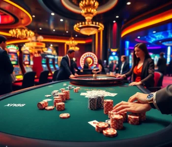 Engage with thrilling games at xn88, showcasing a vibrant casino atmosphere with poker tables, chips, and slots.