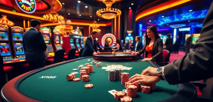 Engage with thrilling games at xn88, showcasing a vibrant casino atmosphere with poker tables, chips, and slots.