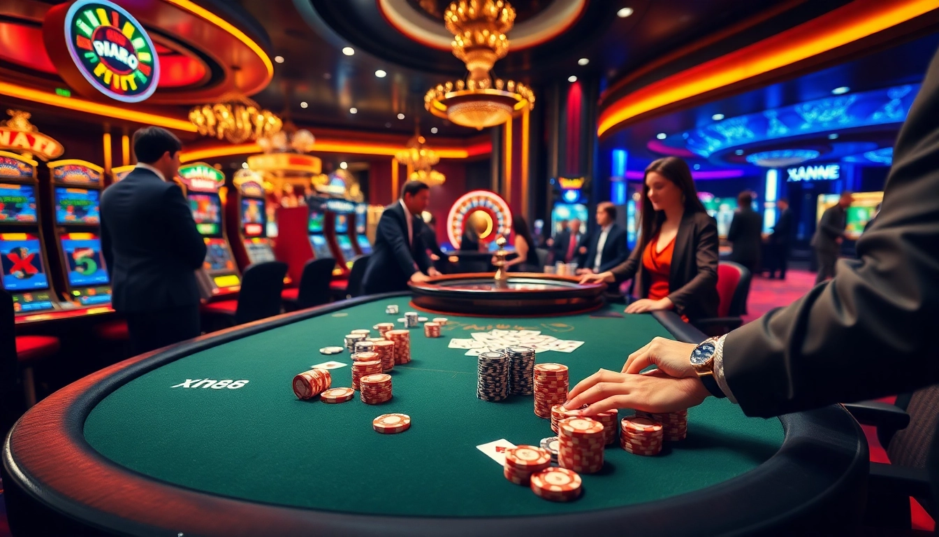 Engage with thrilling games at xn88, showcasing a vibrant casino atmosphere with poker tables, chips, and slots.