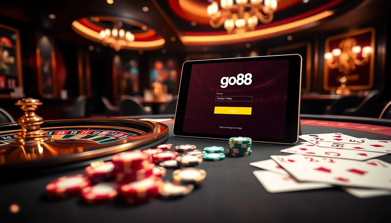Experience go88 đăng nhập at a luxurious casino with sleek poker chips and an elegant roulette table.