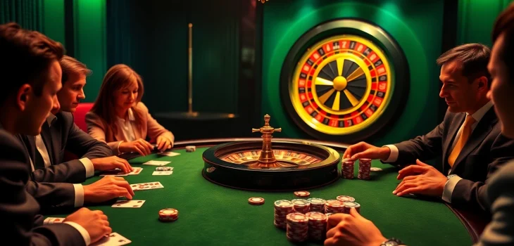 Engaging scene of players at Nhà Cái RR88 poker table, showcasing excitement and luxury in gambling.