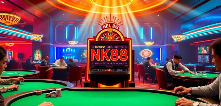 Experience the thrilling NK88 slot machine amidst a vibrant casino atmosphere.