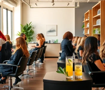 Clients enjoying services at Omnia Salon, showcasing expert stylists and vibrant hairstyles.