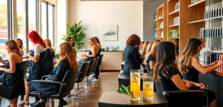 Clients enjoying services at Omnia Salon, showcasing expert stylists and vibrant hairstyles.