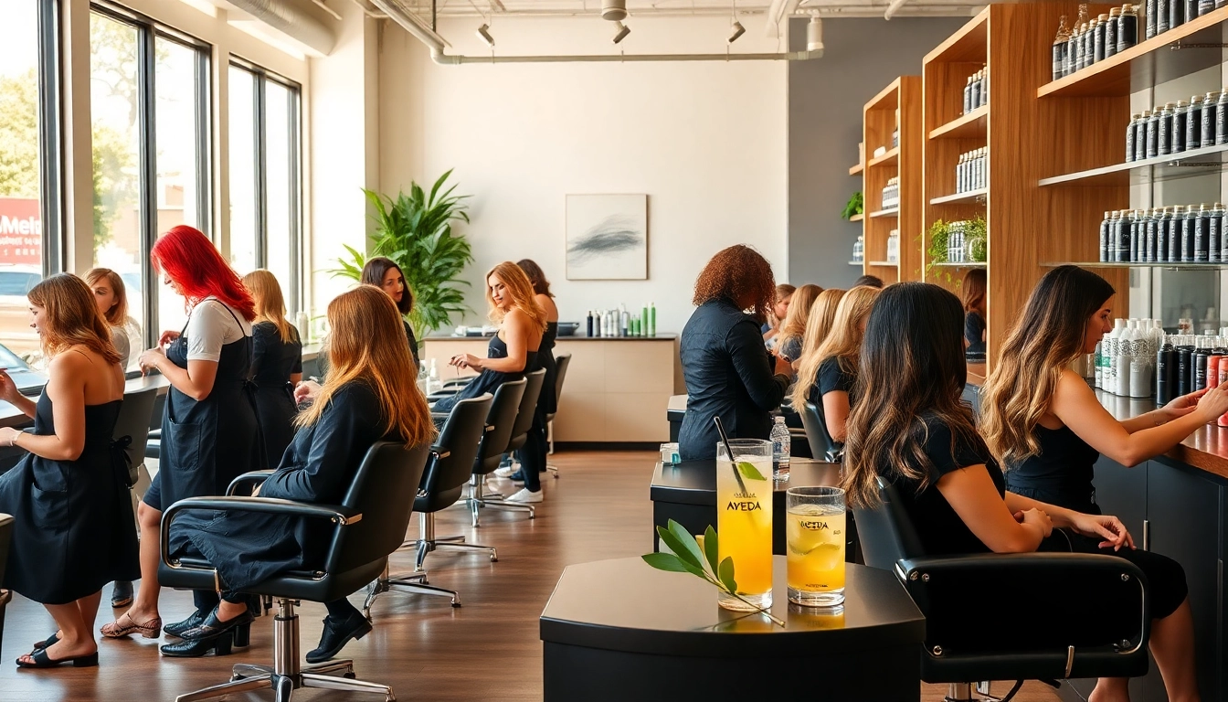Clients enjoying services at Omnia Salon, showcasing expert stylists and vibrant hairstyles.