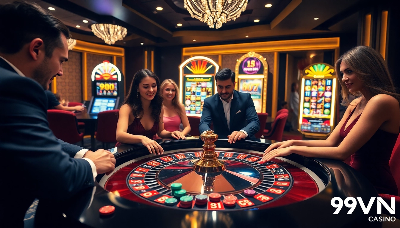 Exciting gaming experience at 69VN casino with vibrant roulette table and enthusiastic players.