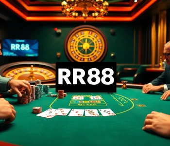 Experience the excitement of RR88 at a luxurious casino poker table with vibrant chips and cards.