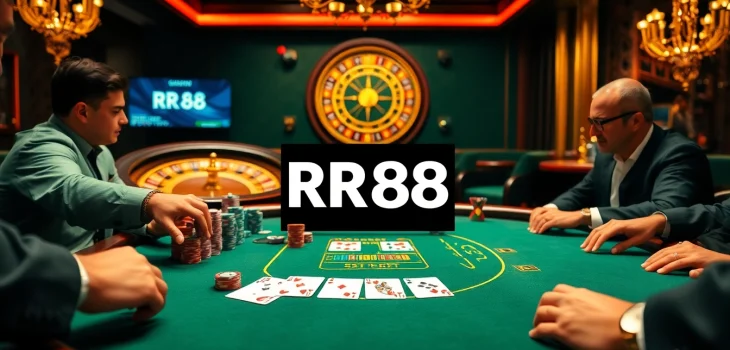 Experience the excitement of RR88 at a luxurious casino poker table with vibrant chips and cards.
