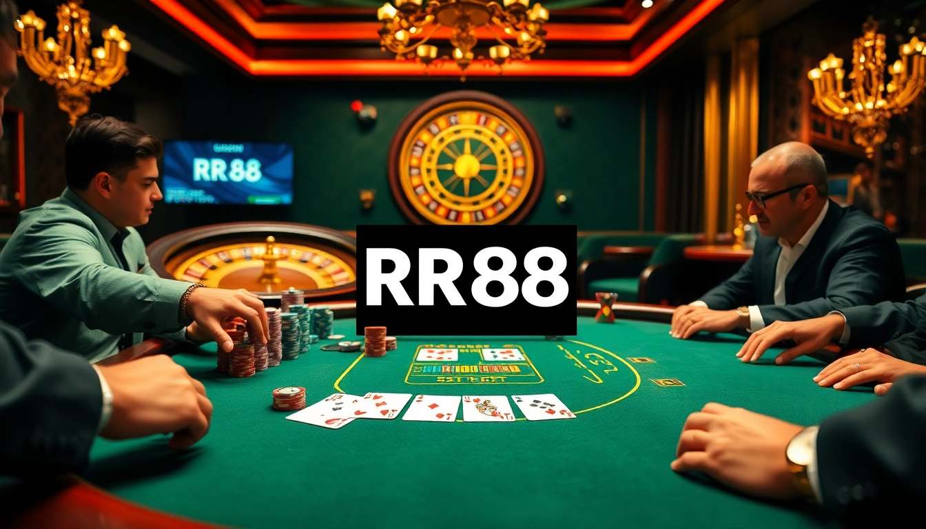 Experience the excitement of RR88 at a luxurious casino poker table with vibrant chips and cards.
