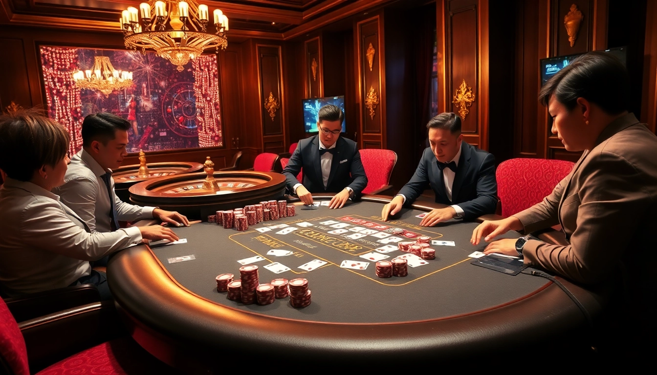 Engaged players at a king888.dev poker table, showcasing excitement and luxury in a vibrant casino atmosphere.