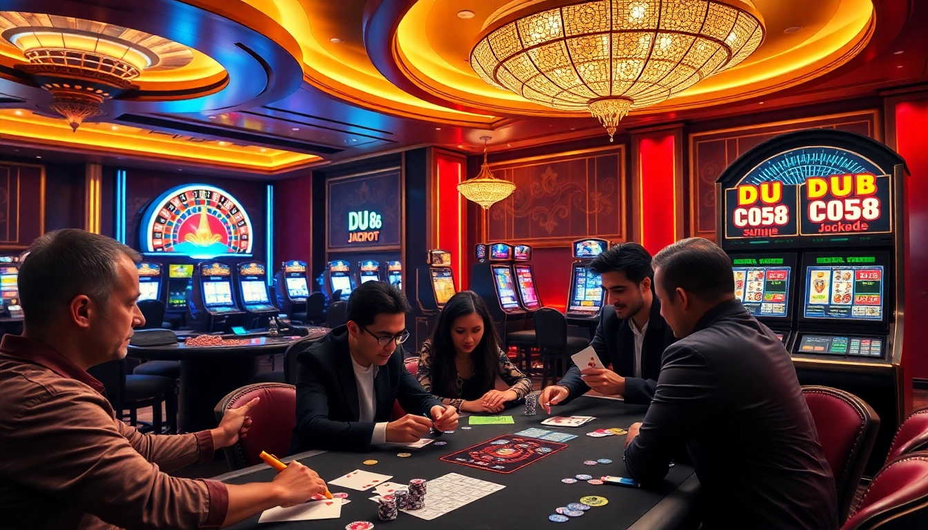 Exciting poker game scene showcasing DU 88-themed slot machine in a luxurious casino.