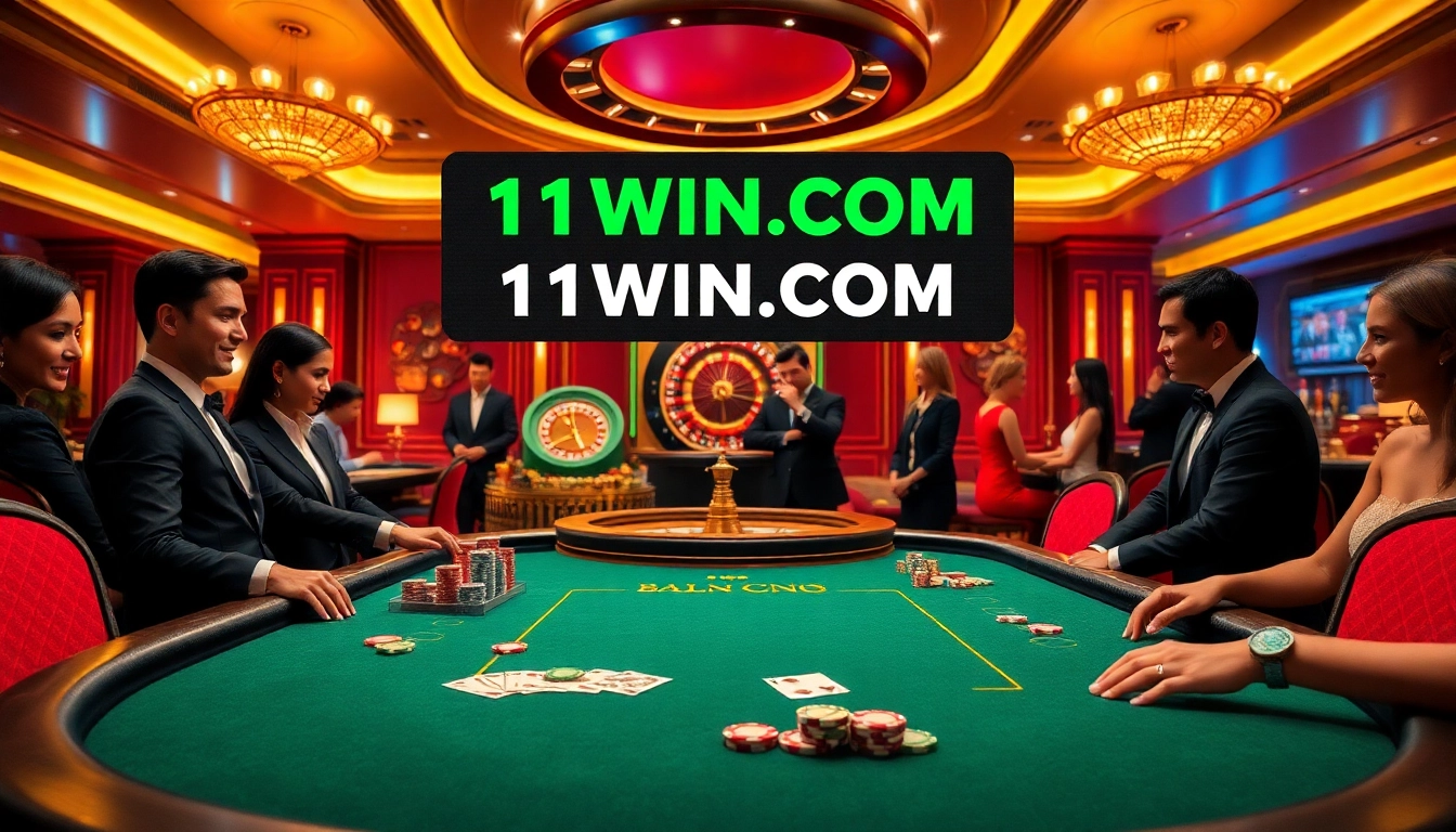 Engage in thrilling poker at 11WIN.COM, surrounded by vibrant casino atmosphere.