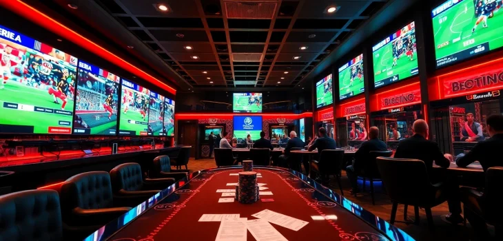 Kèo bóng đá ý betting scene with professional gamblers placing wagers in a vibrant casino.