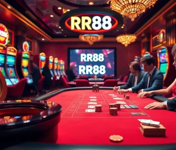 Experience the thrill of RR88 at a luxury casino table with vibrant slot machines.
