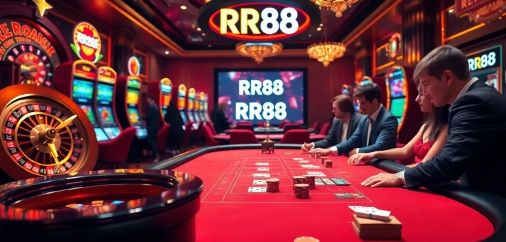 Experience the thrill of RR88 at a luxury casino table with vibrant slot machines.