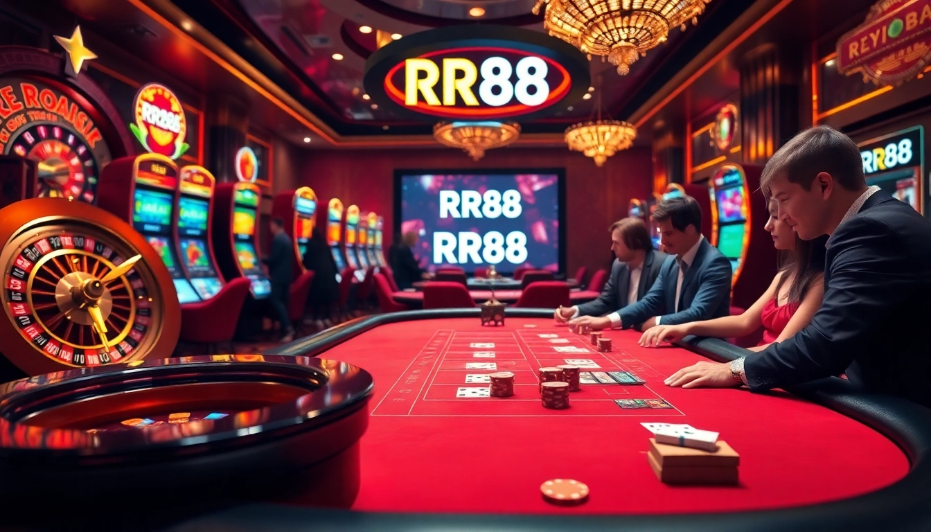 Experience the thrill of RR88 at a luxury casino table with vibrant slot machines.