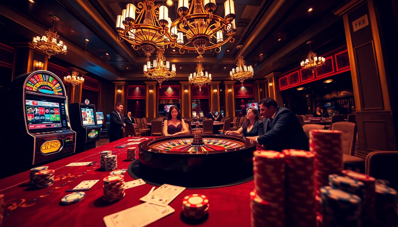 Exciting gaming atmosphere at https://www.superslot365.net/ featuring a roulette wheel, poker table, and vibrant casino elements.