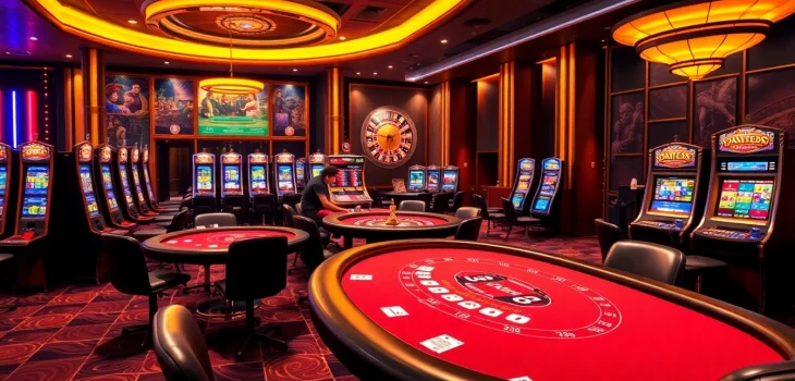 33win casino scene featuring vibrant action on poker tables and slot machines