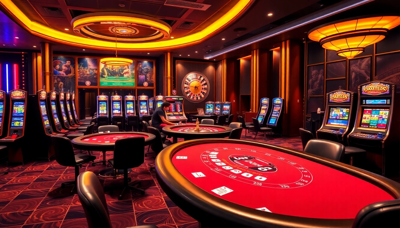 33win casino scene featuring vibrant action on poker tables and slot machines
