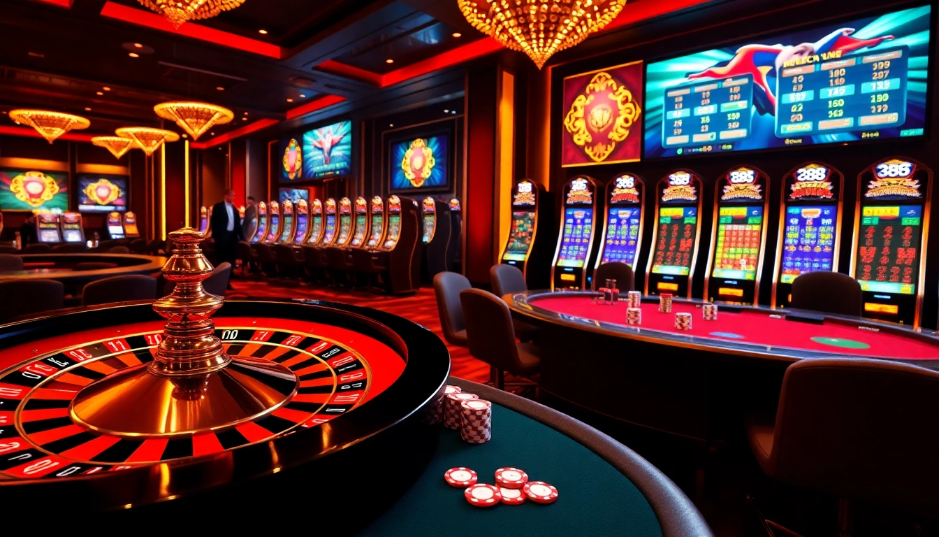 Experience high-stakes gaming at hb88 club with colorful tables, chips, and a roulette wheel.