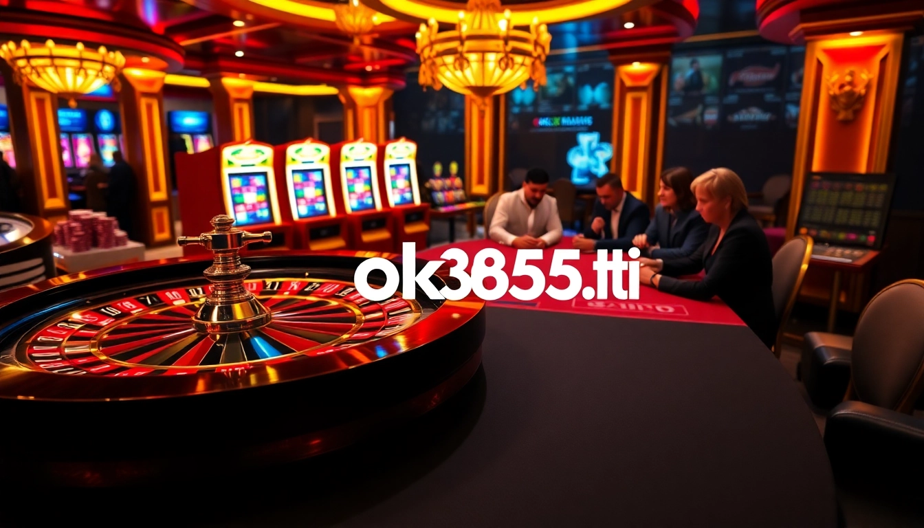 Players engaging at a casino table, showcasing ok365t.fit with vibrant poker chips and slots.