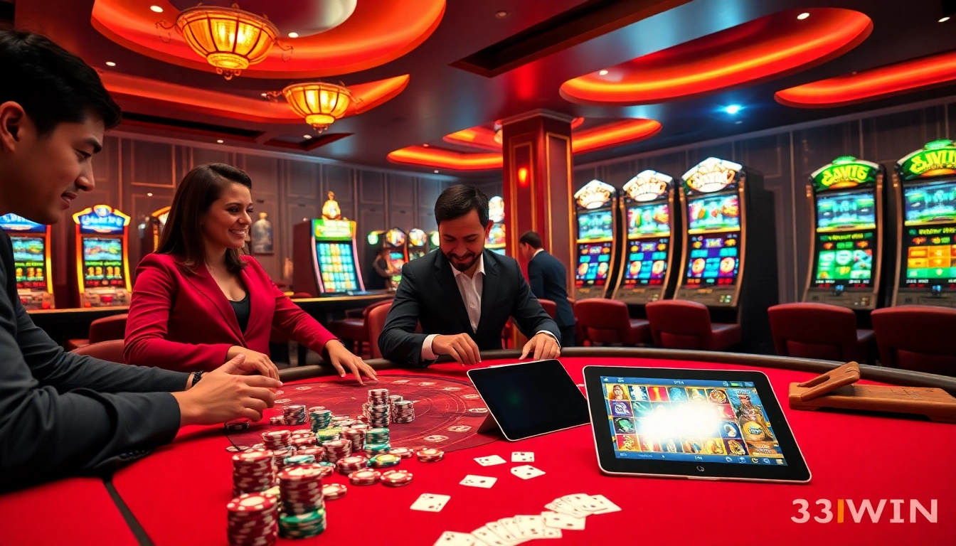 Players enjoying the excitement of 33WIN in a luxurious casino setting with vibrant gaming elements.
