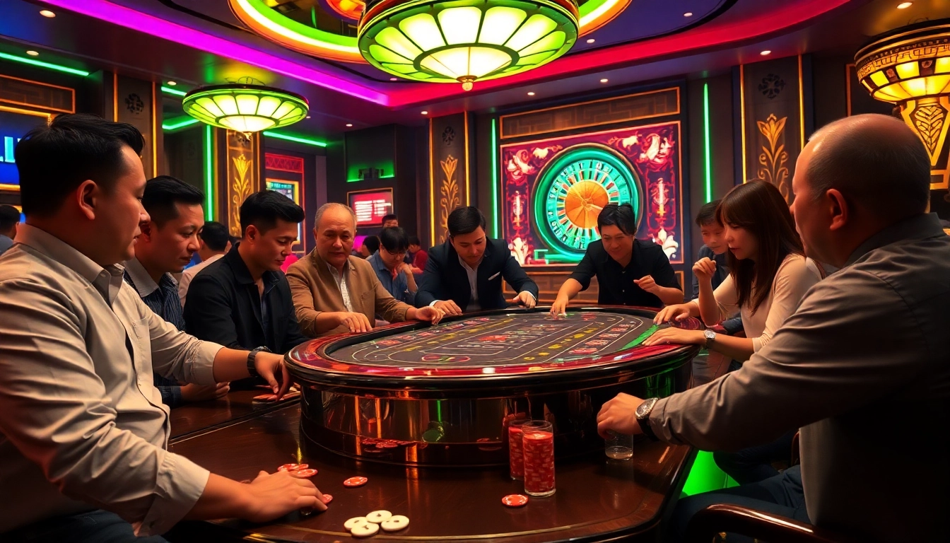 Players enjoying B62 tài xỉu at a vibrant casino table, exuding excitement and anticipation.