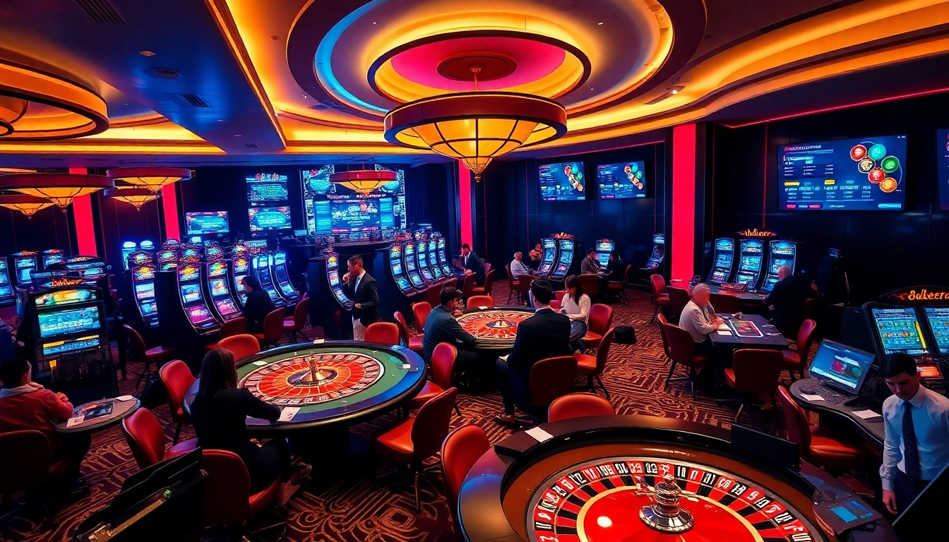 Engaging players in casino 8kbet surrounded by high-stakes poker tables and elegant decor.