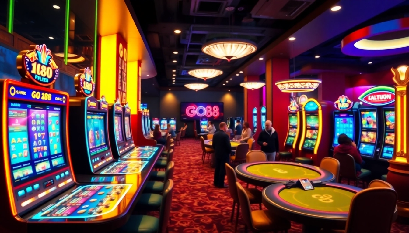 Engage in exciting gameplay at GO 88 with vibrant casino visuals showcasing slot machines and poker tables.