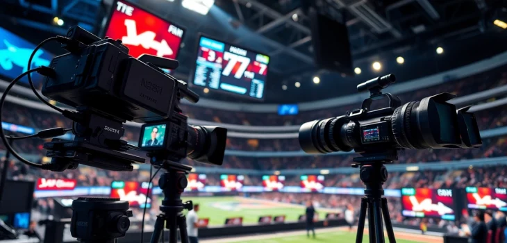 Captivating scene of Sports Broadcasting highlighting studio dynamics with professional equipment.