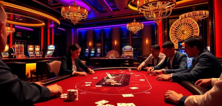 Engage in thrilling gameplay at the vibrant casino scene featuring poker tables with chips at https://vaoluoitv.ink/.