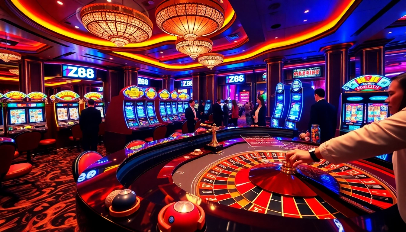 Players enjoying thrilling games at HZ88 casino, featuring roulette and slot machines.