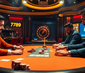 Betting on the exciting 789 bet game at a luxurious poker table amidst vibrant casino energy.