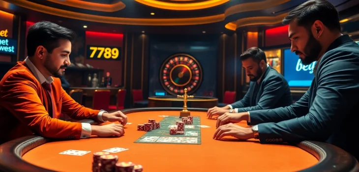 Betting on the exciting 789 bet game at a luxurious poker table amidst vibrant casino energy.