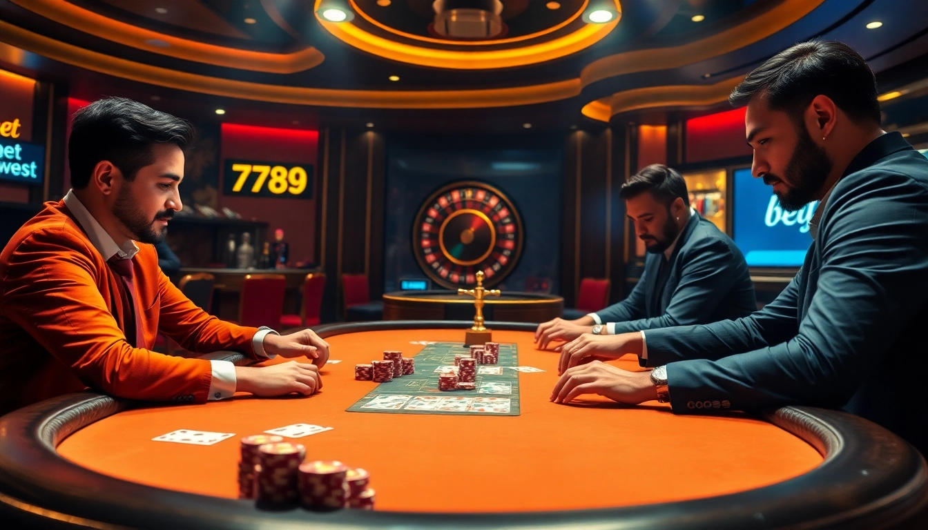 Betting on the exciting 789 bet game at a luxurious poker table amidst vibrant casino energy.