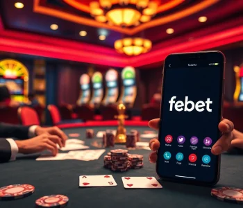 Experience high-stakes gambling with app febet, featuring poker chips and playing cards at a luxurious casino table.