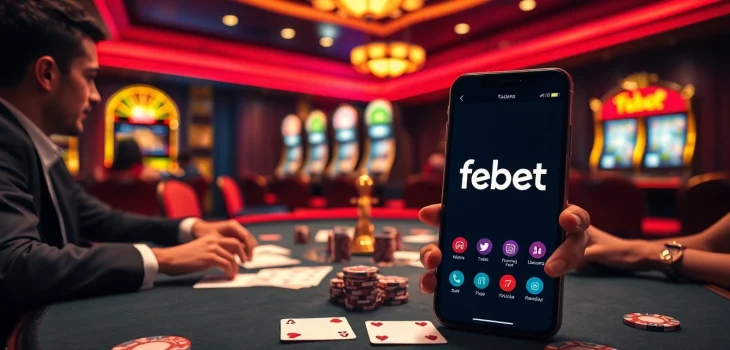 Experience high-stakes gambling with app febet, featuring poker chips and playing cards at a luxurious casino table.
