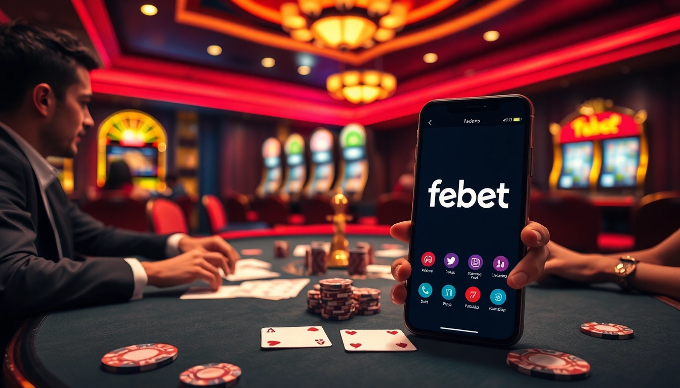 Experience high-stakes gambling with app febet, featuring poker chips and playing cards at a luxurious casino table.