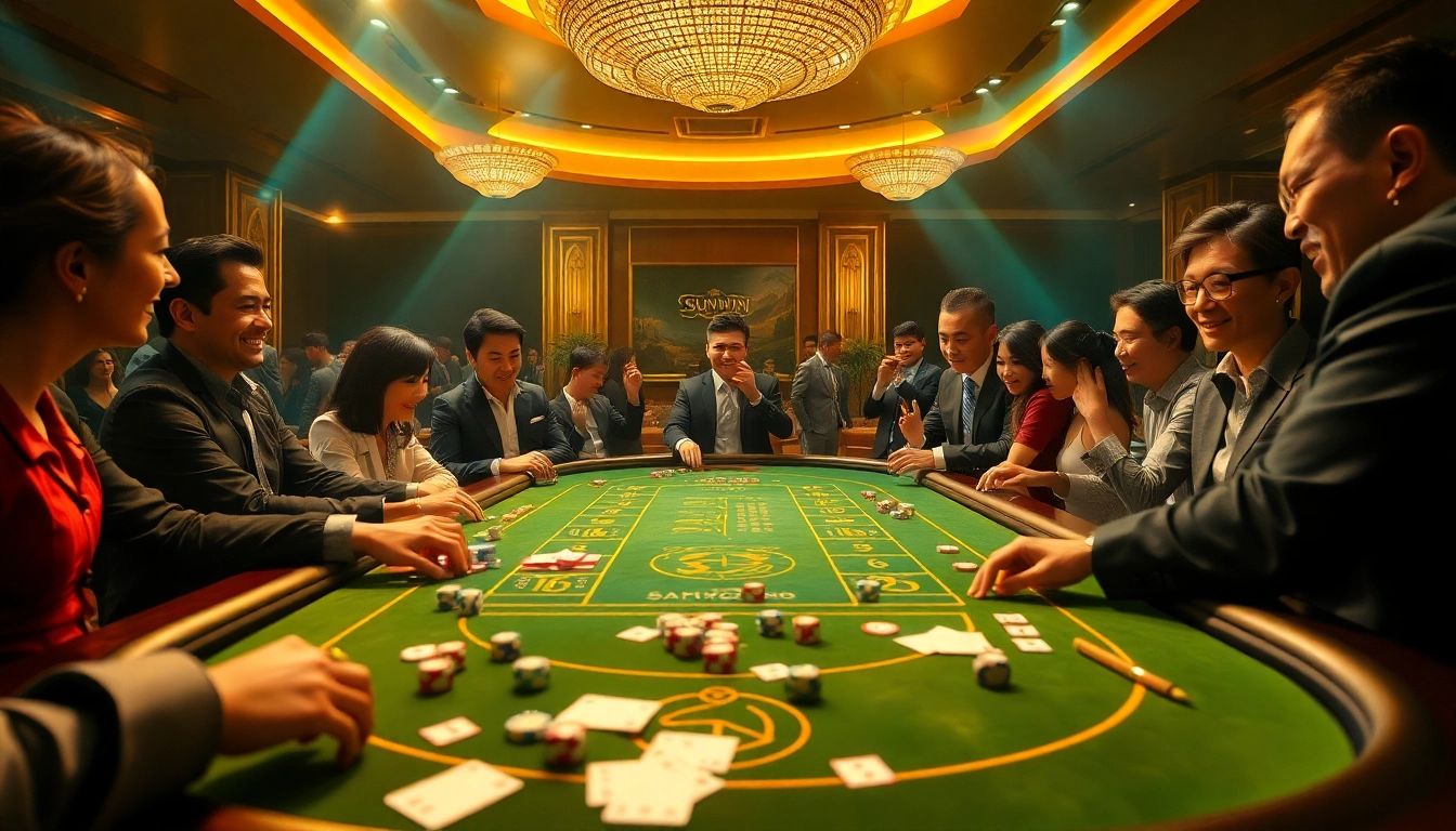 Experience the thrill of TÀI XỈU SUNWIN at a luxurious casino table with excited players.