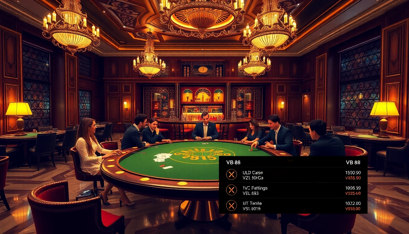 Players strategizing at a poker table in a luxury casino with VB 88 branding elements.