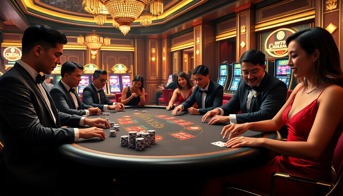 Players engaged in high-stakes poker at a luxury casino featuring https://debet66.com/ in a vibrant, exciting atmosphere.