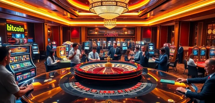 Players enjoying thrilling games at crypto online casinos amidst vibrant casino atmosphere.