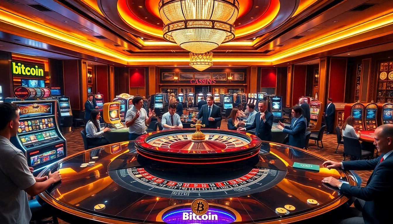 Players enjoying thrilling games at crypto online casinos amidst vibrant casino atmosphere.
