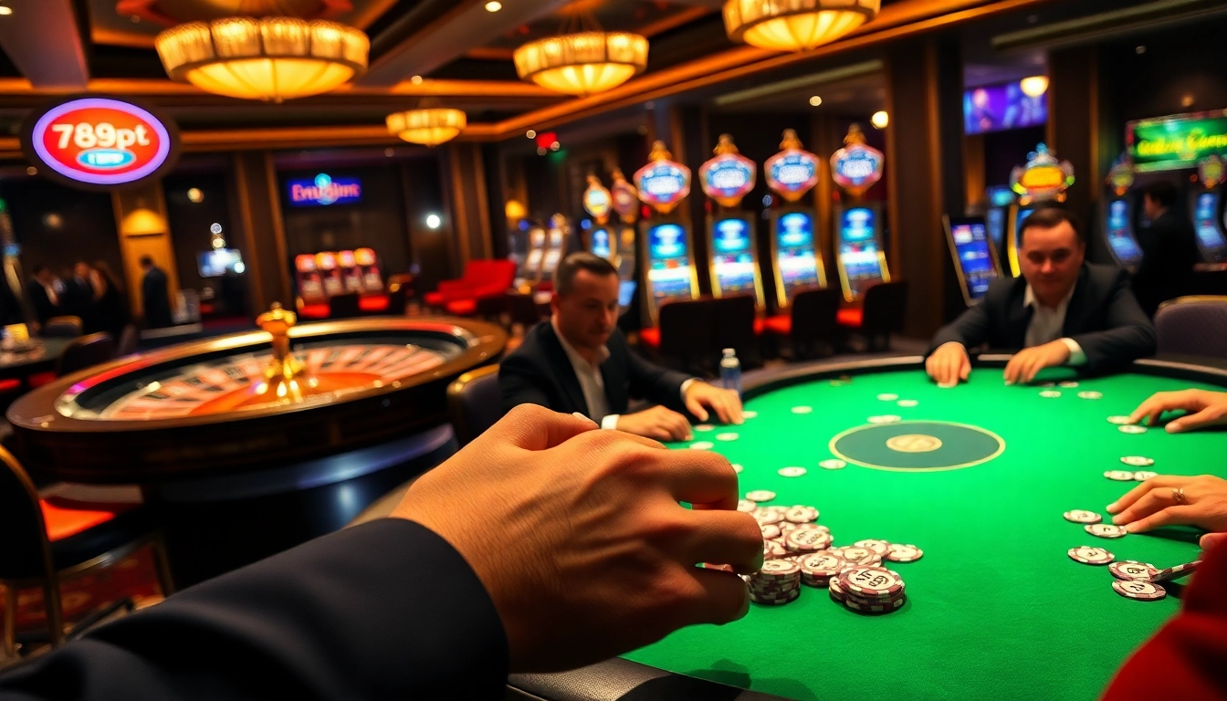 Engaged players at a luxurious poker table featuring the keyword 789p, highlighting high-stakes gambling excitement.