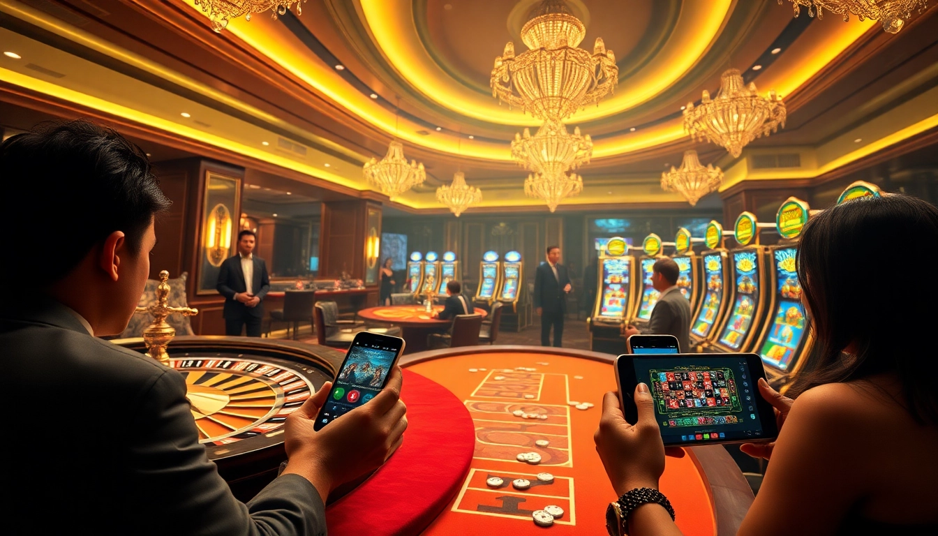 A dynamic casino scene showcasing players enjoying games, featuring abc88.app on mobile devices.